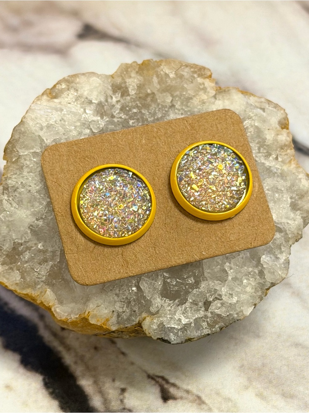 Iridescent clear Glitter Round Stud Earrings in Yellow